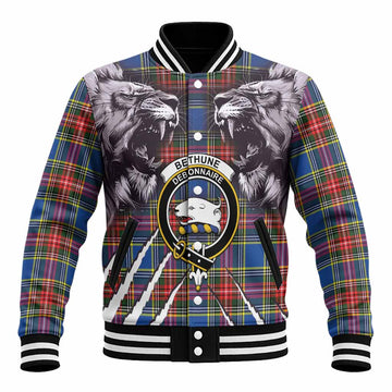 Bethune Tartan Crest Baseball Jacket Ferocious Lion Style