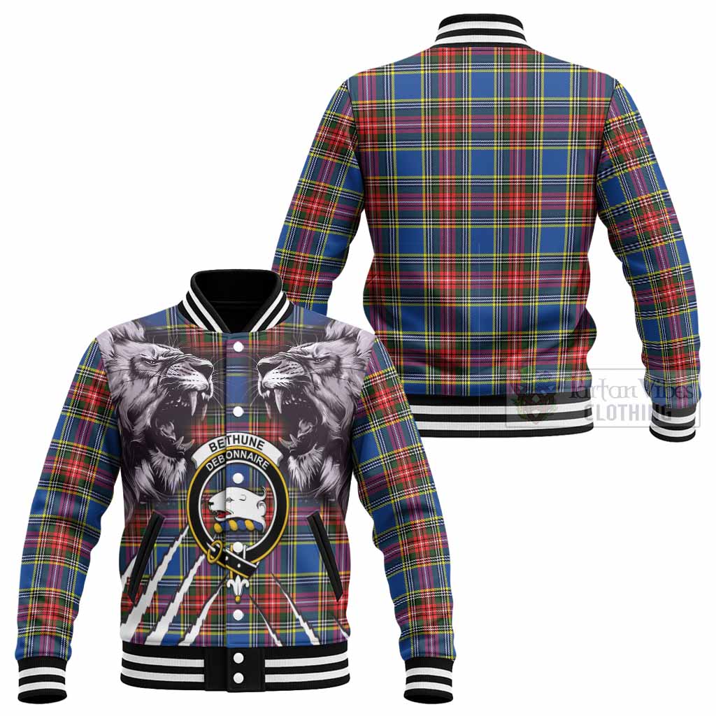 Bethune Tartan Crest Baseball Jacket Ferocious Lion Style