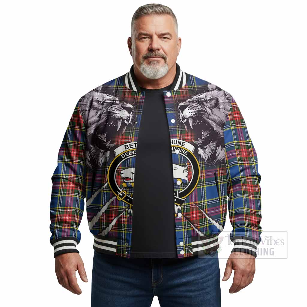 Bethune Tartan Crest Baseball Jacket Ferocious Lion Style