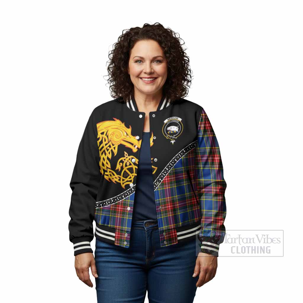 Bethune Tartan Crest Baseball Jacket Legendary Dragon Knot Half Style