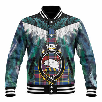 Bethune Tartan Crest Baseball Jacket New Zealand Maori Korowai Cloak