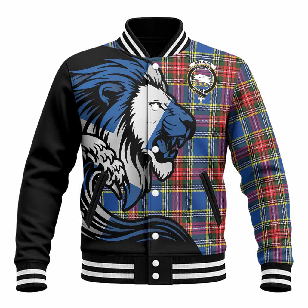 Bethune Tartan Crest Baseball Jacket Scottish Golden Lions Wave Flow