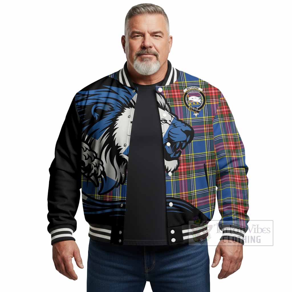 Bethune Tartan Crest Baseball Jacket Scottish Golden Lions Wave Flow