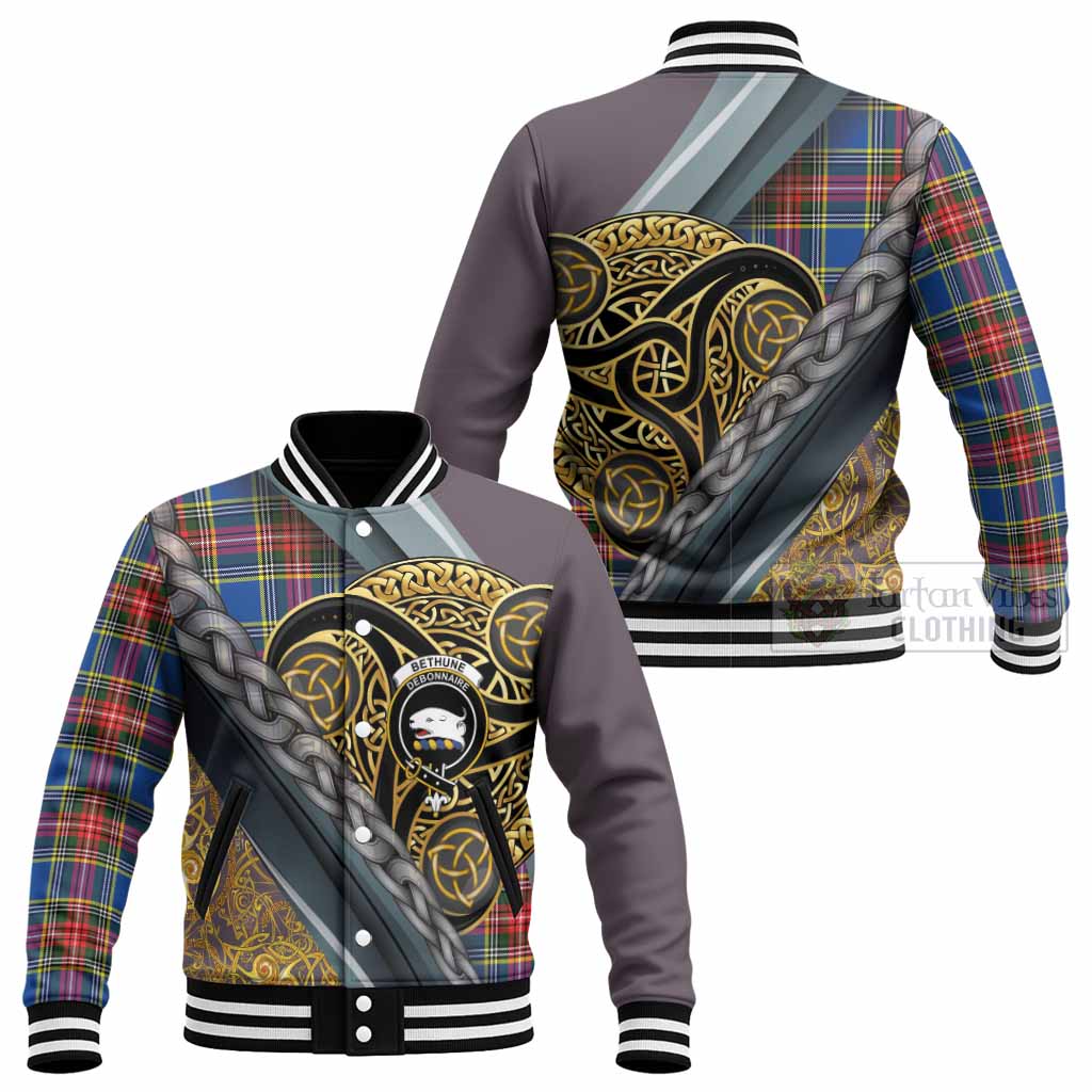 Bethune Tartan Crest Baseball Jacket Scottish Triskele Celtic