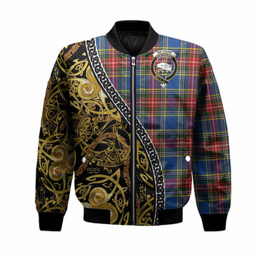 Bethune Tartan Crest Bomber Jacket Celtic Knot and Triple Trickle Spiral Symbols