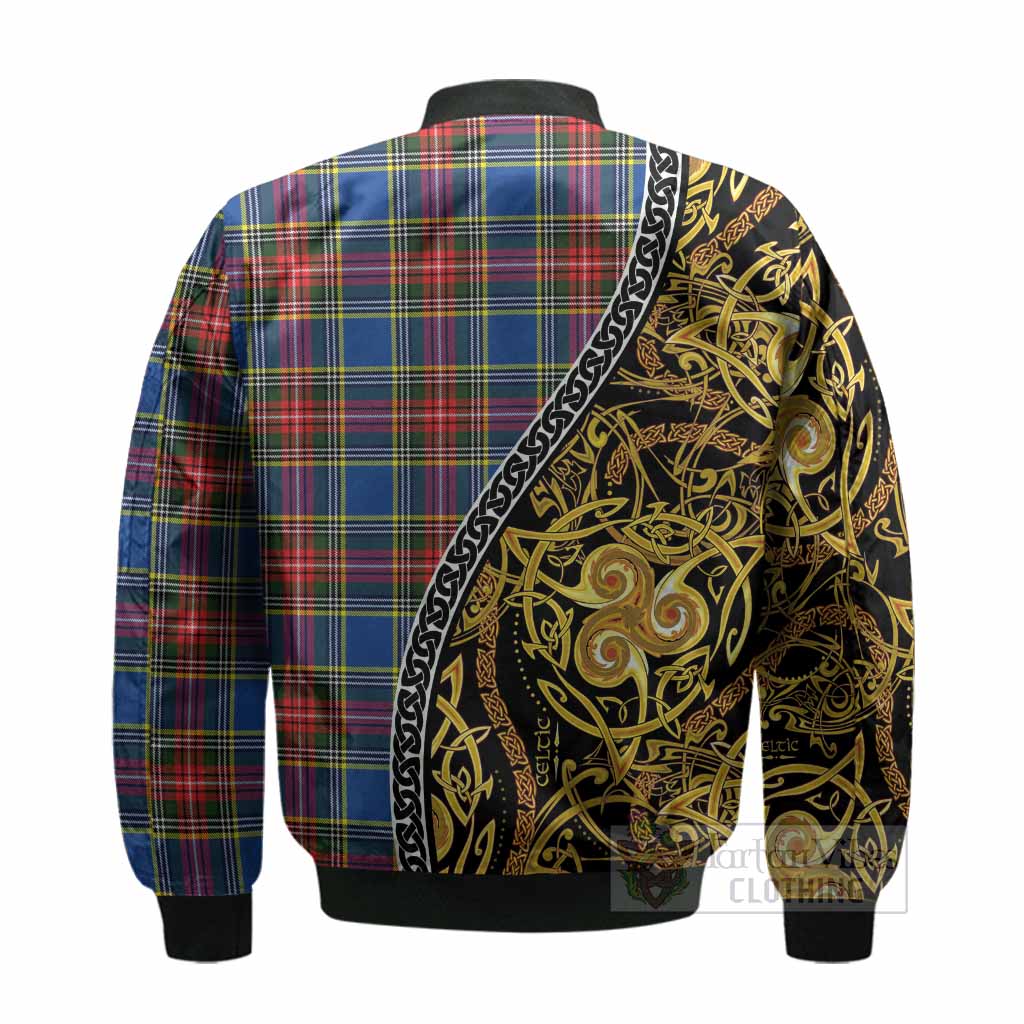 Bethune Tartan Crest Bomber Jacket Celtic Knot and Triple Trickle Spiral Symbols