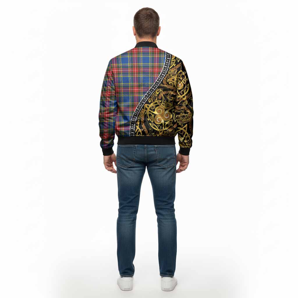 Bethune Tartan Crest Bomber Jacket Celtic Knot and Triple Trickle Spiral Symbols
