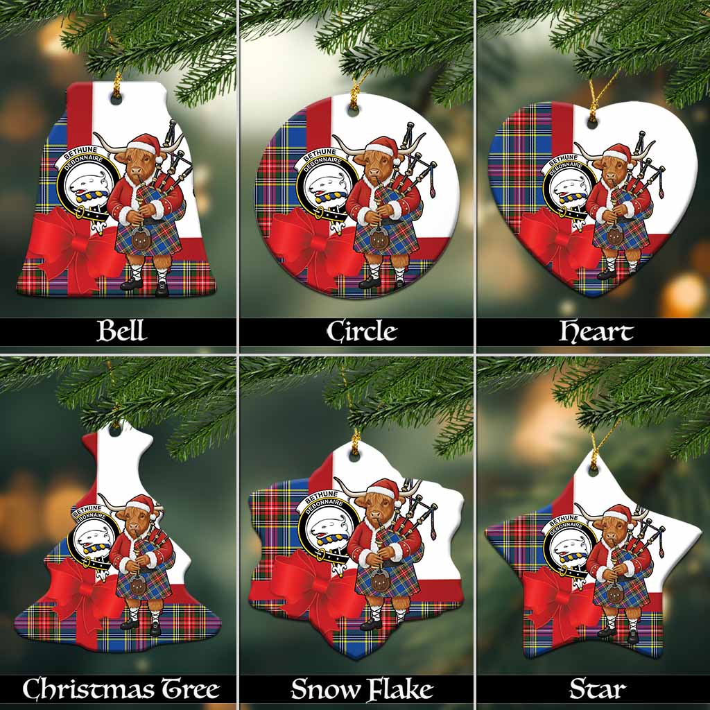 Bethune Tartan Crest Christmas Ceramic Ornament Highland Cow Bagpipes Coquette Bow Style