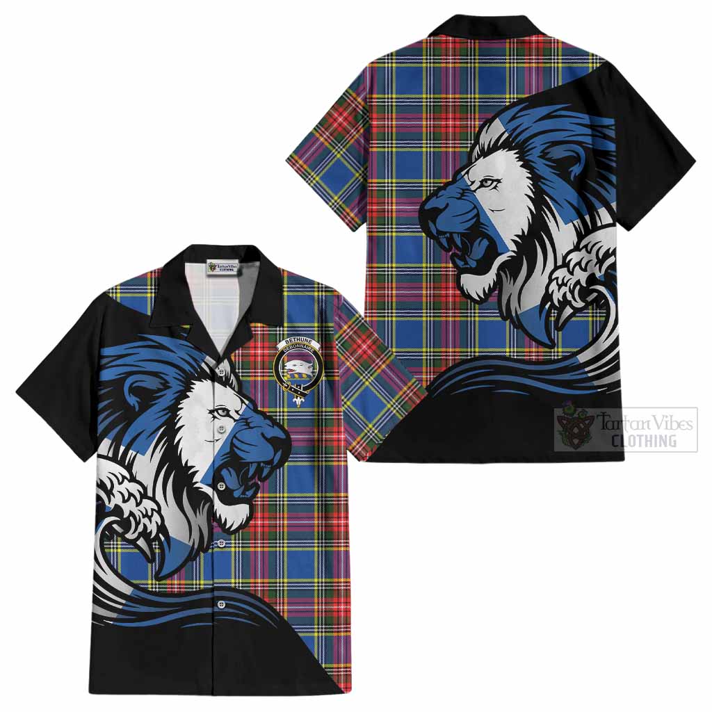 Bethune Tartan Crest Cotton Hawaiian Shirt Scottish Golden Lions Wave Flow