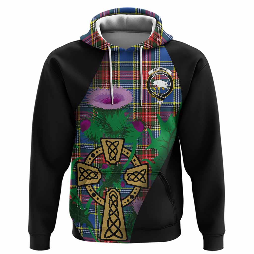 Bethune Tartan Crest Hoodie Celtic Cross Thistle Flowers