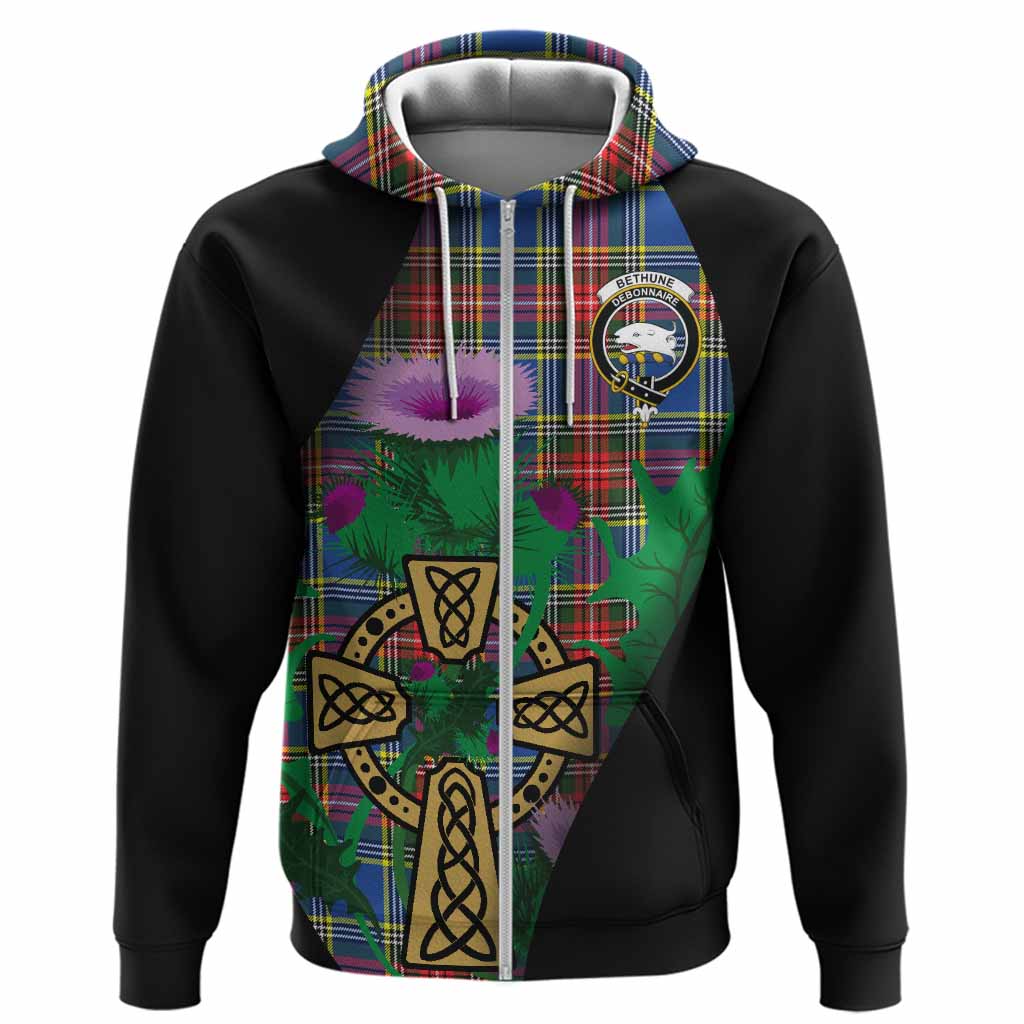 Bethune Tartan Crest Hoodie Celtic Cross Thistle Flowers