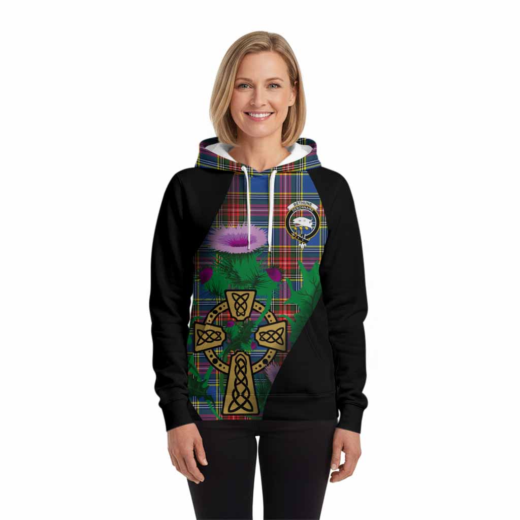Bethune Tartan Crest Hoodie Celtic Cross Thistle Flowers