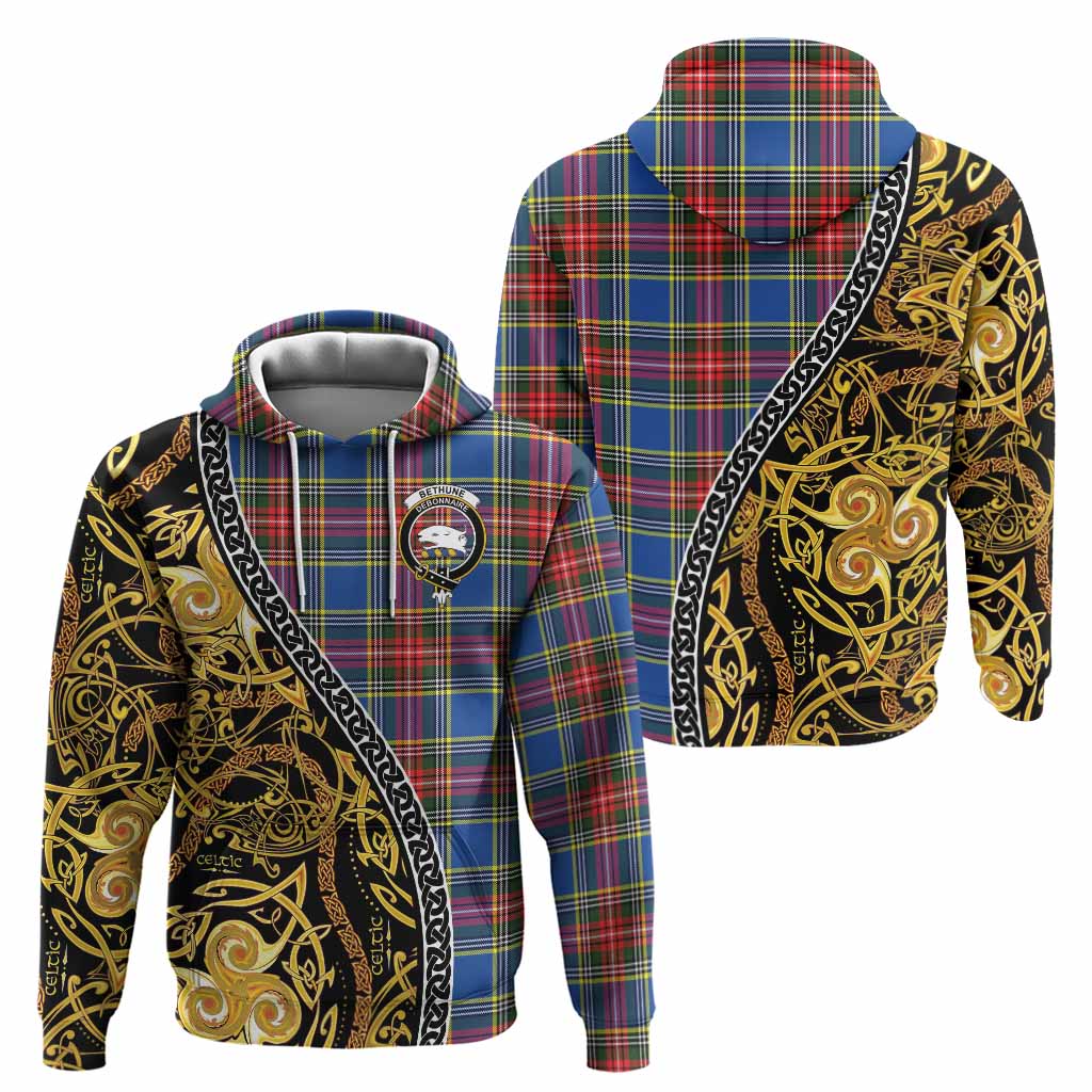 Bethune Tartan Crest Hoodie Celtic Knot and Triple Trickle Spiral Symbols