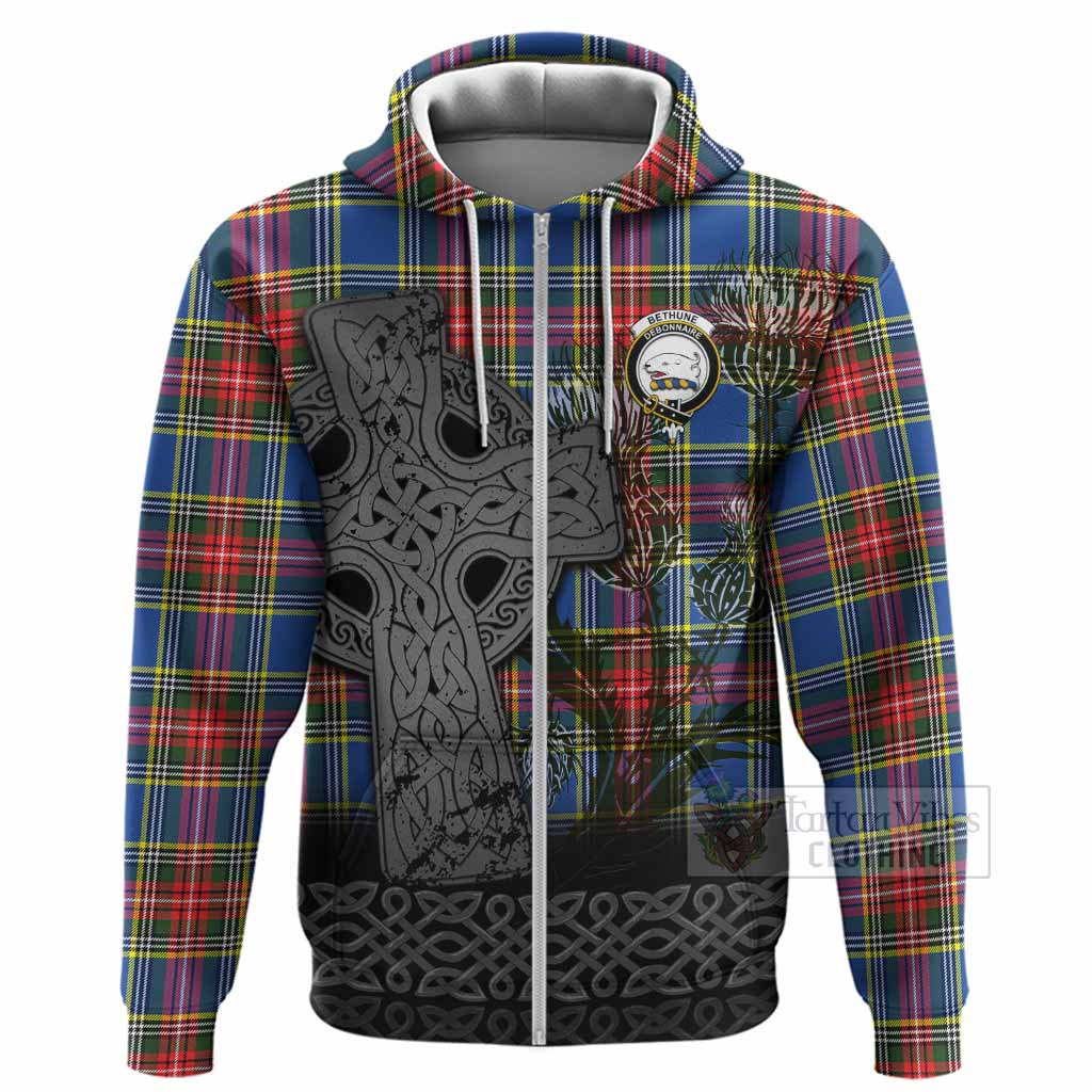 Bethune Tartan Crest Hoodie Grunge Celtic Cross Scottish Thistle