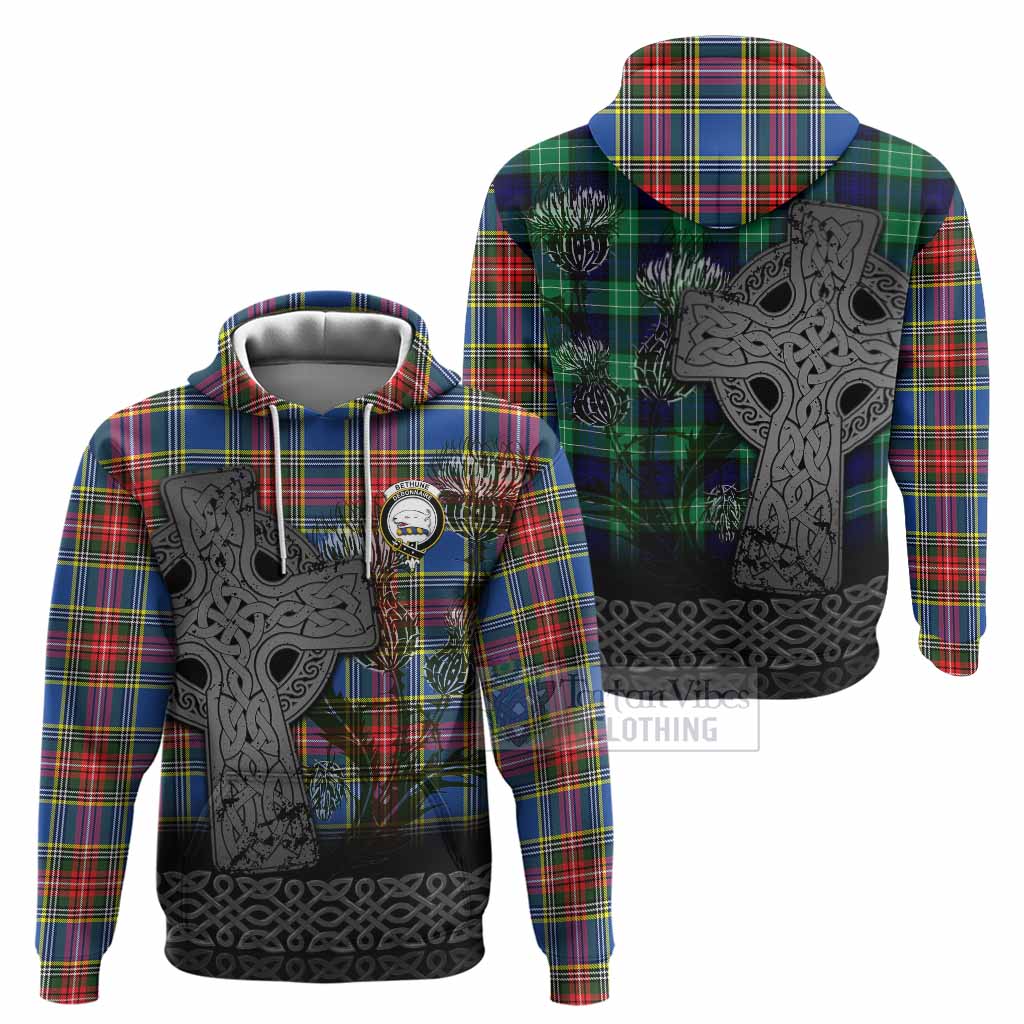 Bethune Tartan Crest Hoodie Grunge Celtic Cross Scottish Thistle