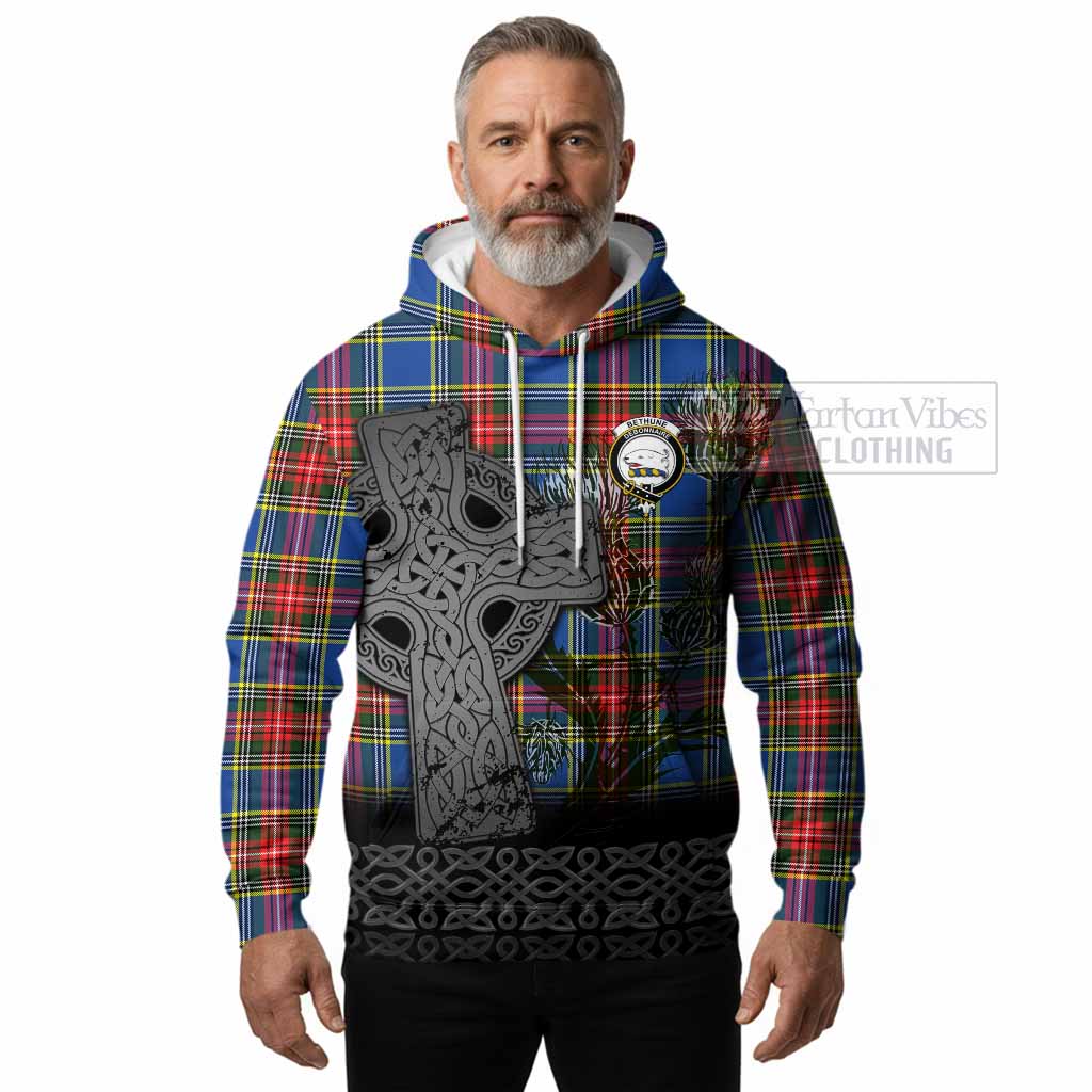 Bethune Tartan Crest Hoodie Grunge Celtic Cross Scottish Thistle