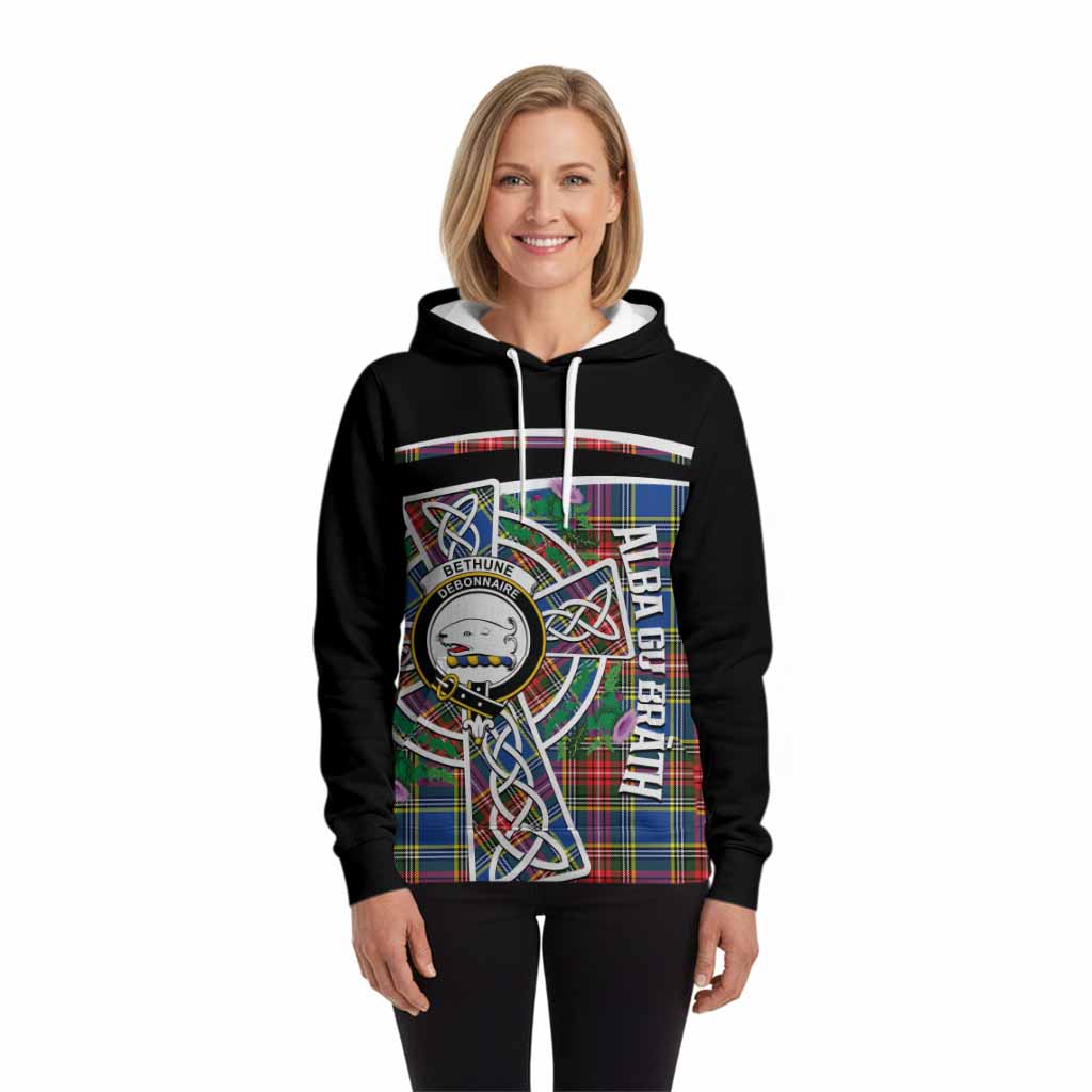 Bethune Tartan Crest Hoodie Scottish Thistle Celtic Cross Alba Gu Brath
