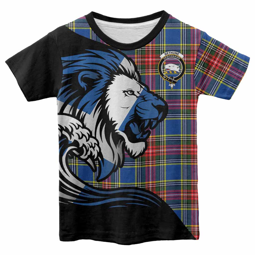 Bethune Tartan Crest Kid T-shirt Scottish Golden Lions Wave Flow