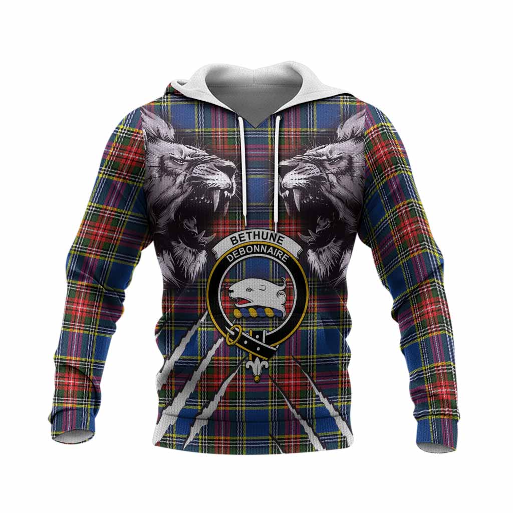 Bethune Tartan Crest Knitted Hoodie Ferocious Lion Style