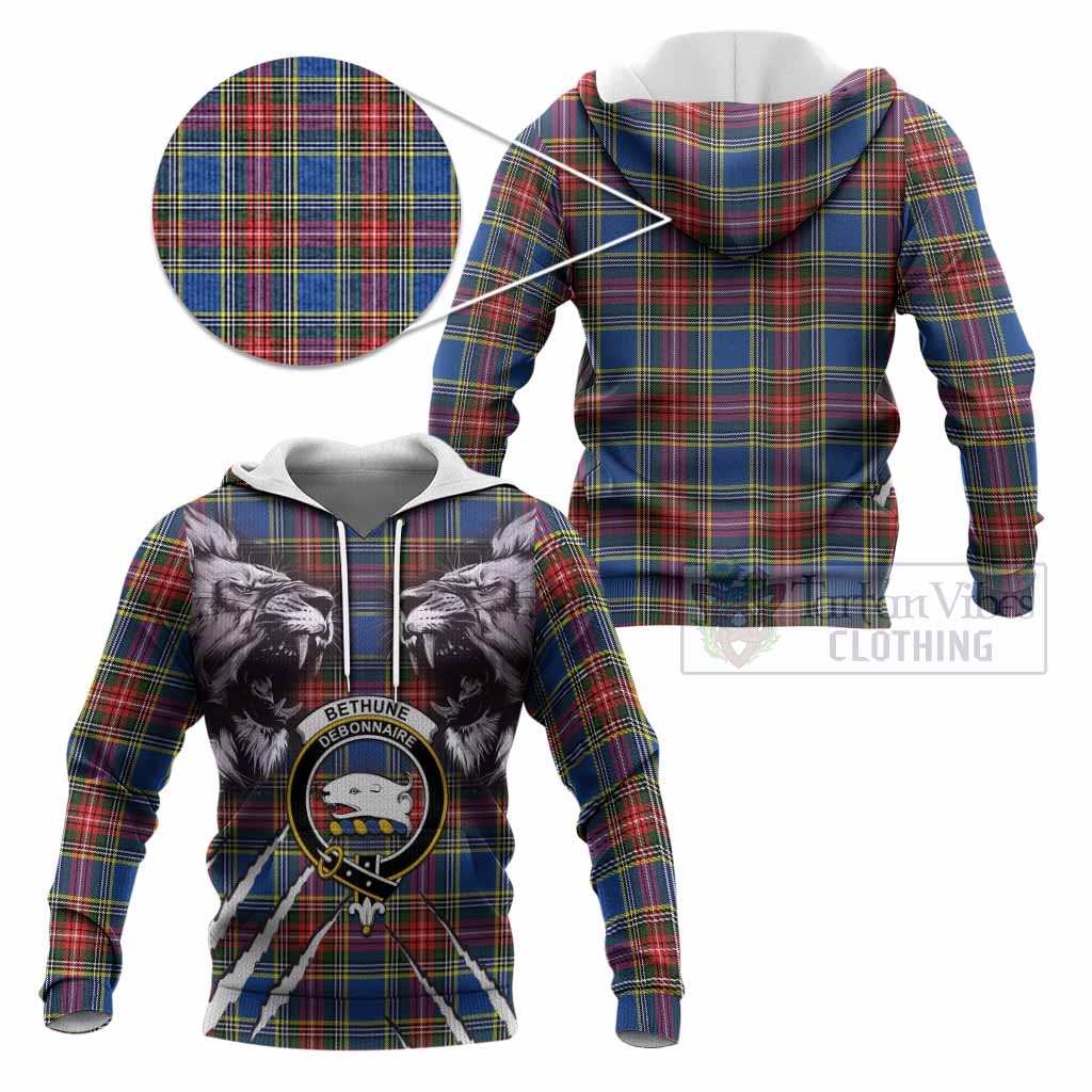 Bethune Tartan Crest Knitted Hoodie Ferocious Lion Style