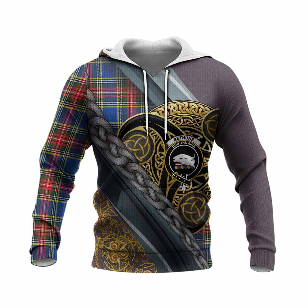 Bethune Tartan Crest Knitted Hoodie Scottish Triskele Celtic