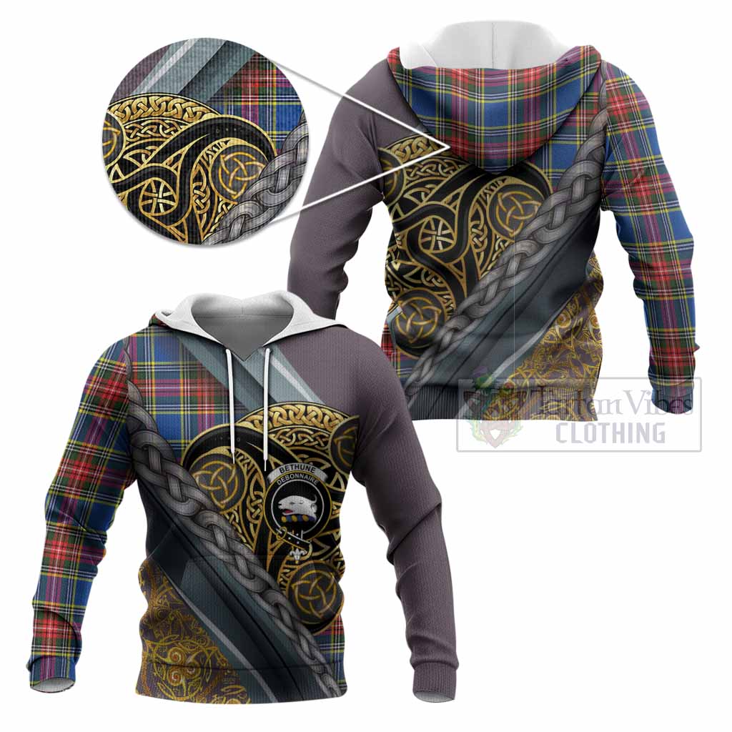 Bethune Tartan Crest Knitted Hoodie Scottish Triskele Celtic