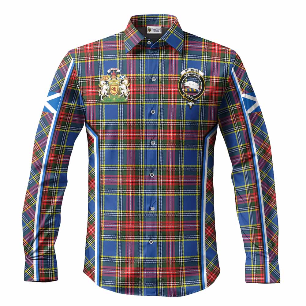 Bethune Tartan Crest Long Sleeve Button Shirts Scotland Coat of Arm Flag Style - Tartan Vibes Clothing
