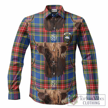 Bethune Tartan Crest Long Sleeve Button Shirts Scotland Heilan Coo Tartan Seamless Style