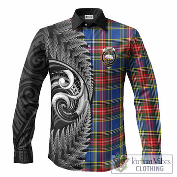 Bethune Tartan Crest Long Sleeve Button Shirts With New Zealand Silver Fern Maori Koru