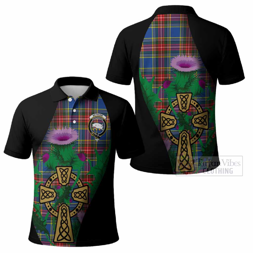 Bethune Tartan Crest Polo Shirt Celtic Cross Thistle Flowers