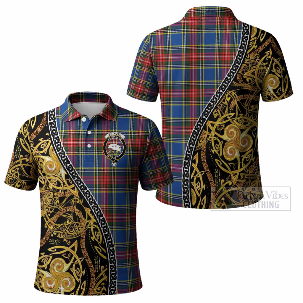 Bethune Tartan Crest Polo Shirt Celtic Knot and Triple Trickle Spiral Symbols