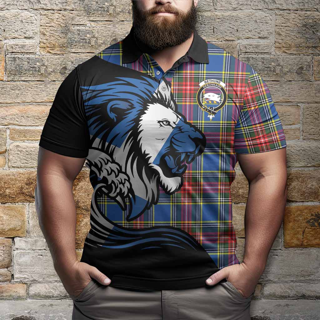 Bethune Tartan Crest Polo Shirt Scottish Golden Lions Wave Flow