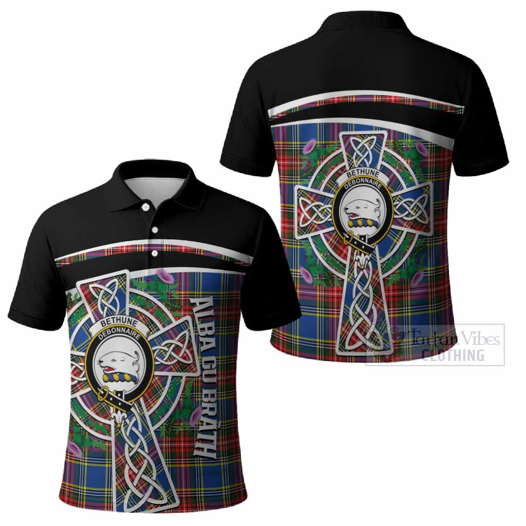 Bethune Tartan Crest Polo Shirt Scottish Thistle Celtic Cross Alba Gu Brath