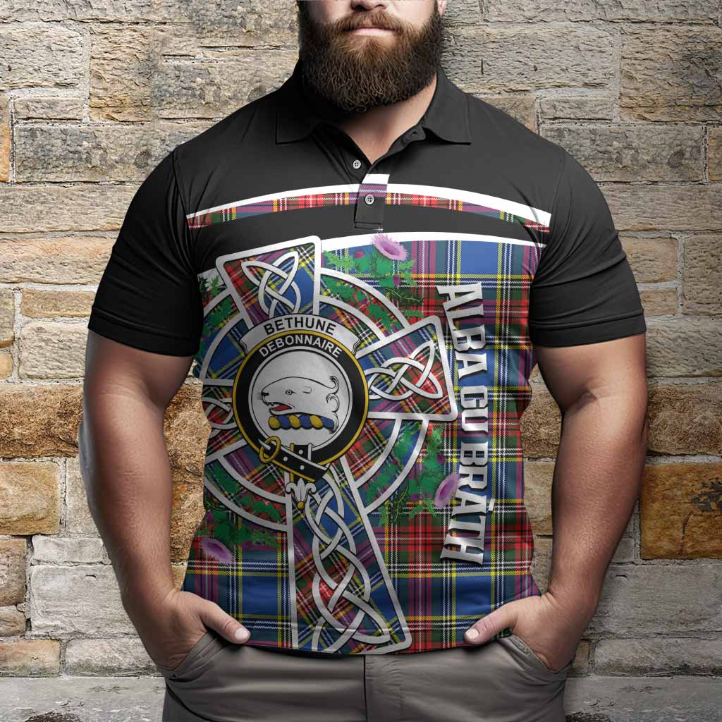 Bethune Tartan Crest Polo Shirt Scottish Thistle Celtic Cross Alba Gu Brath