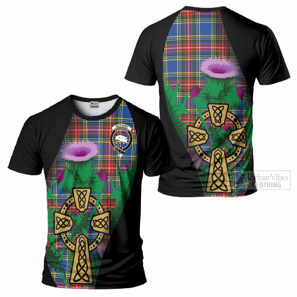 Bethune Tartan Crest T-Shirt Celtic Cross Thistle Flowers