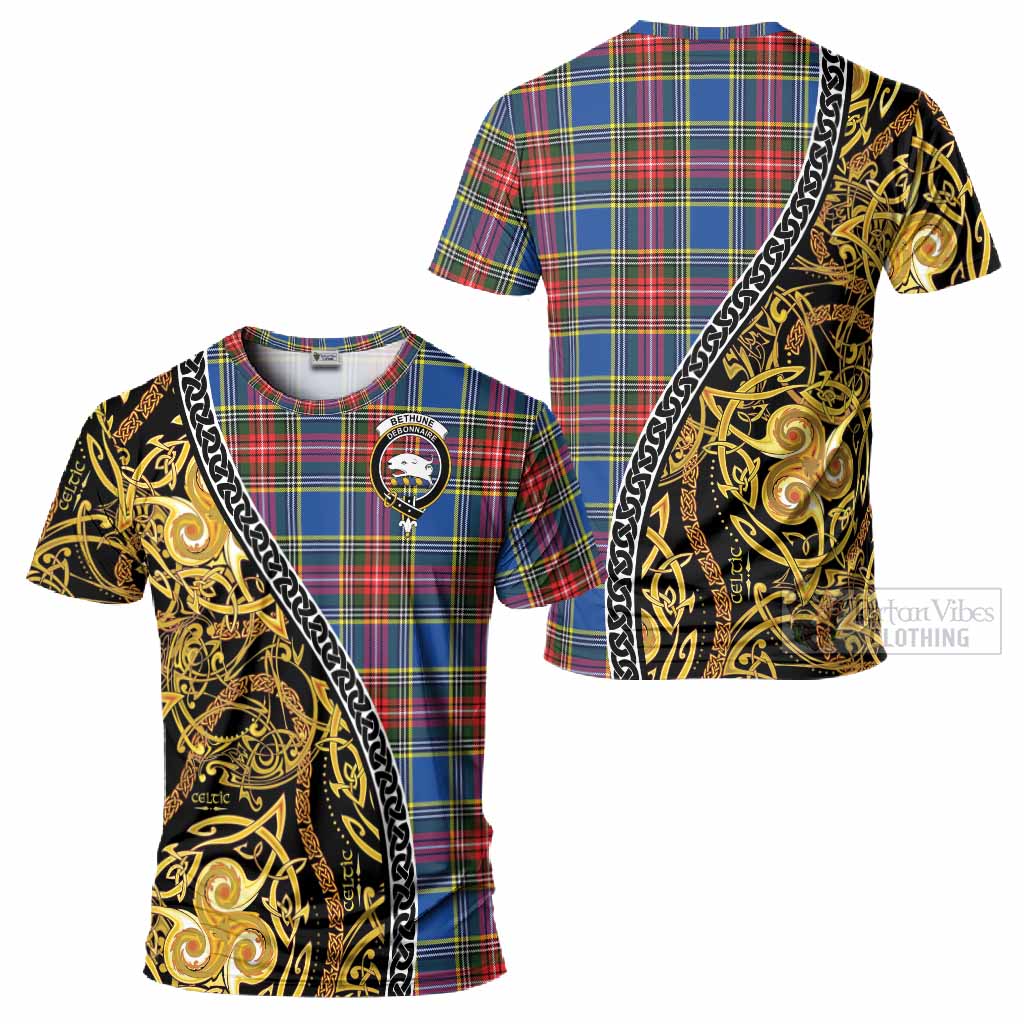 Bethune Tartan Crest T-Shirt Celtic Knot and Triple Trickle Spiral Symbols