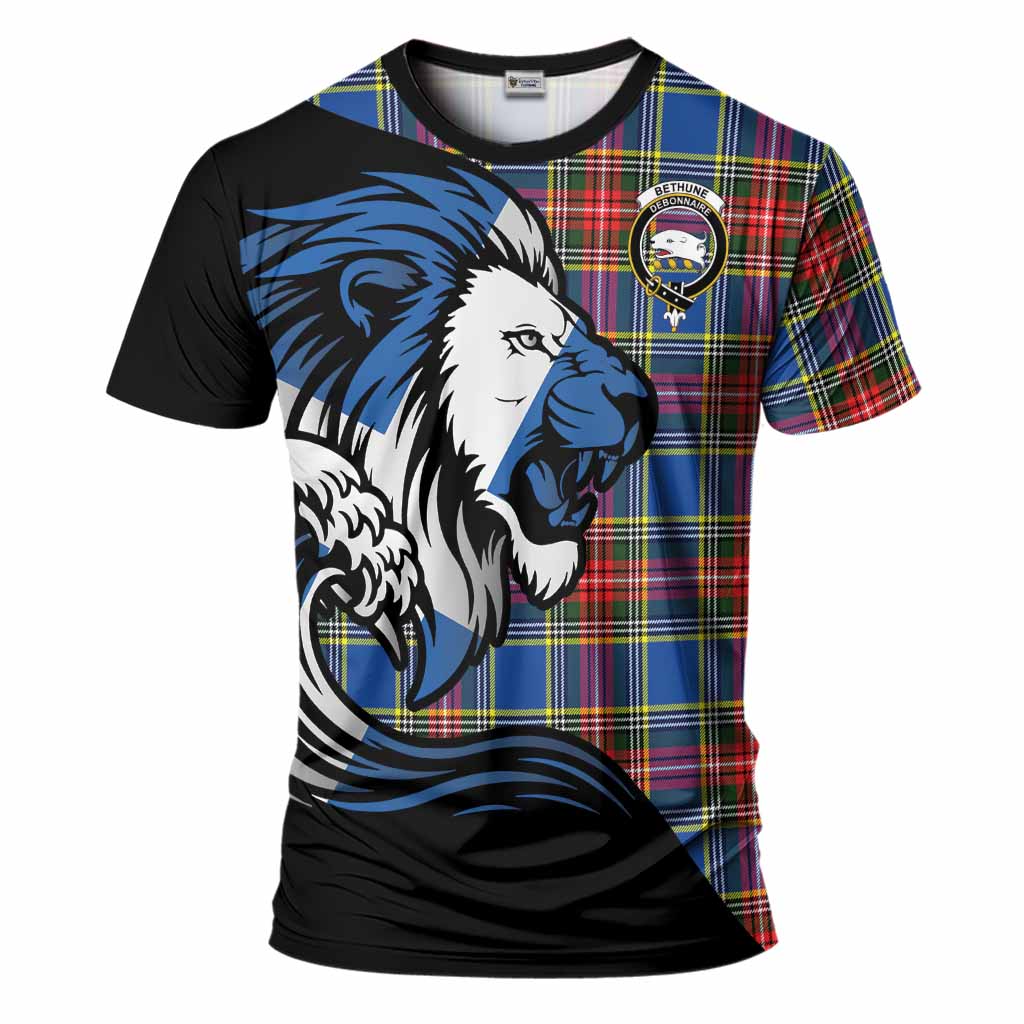Bethune Tartan Crest T-Shirt Scottish Golden Lions Wave Flow