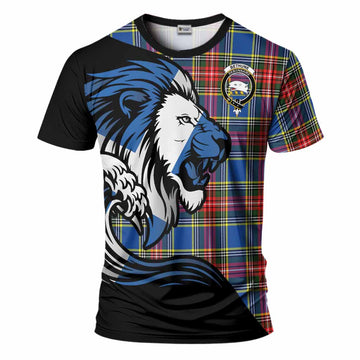 Bethune Tartan Crest T-Shirt Scottish Golden Lions Wave Flow