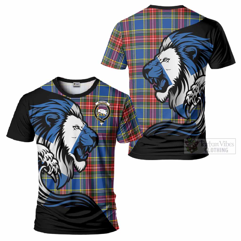 Bethune Tartan Crest T-Shirt Scottish Golden Lions Wave Flow