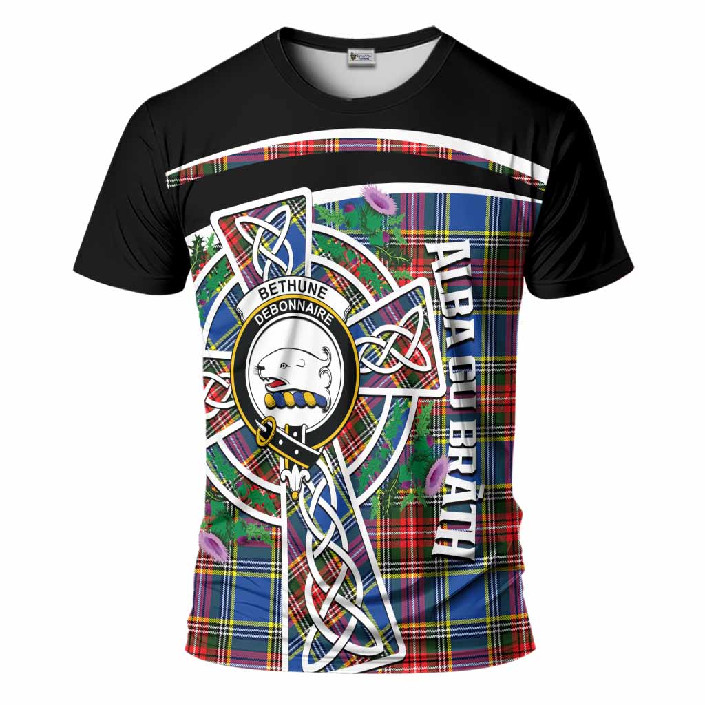 Bethune Tartan Crest T-Shirt Scottish Thistle Celtic Cross Alba Gu Brath
