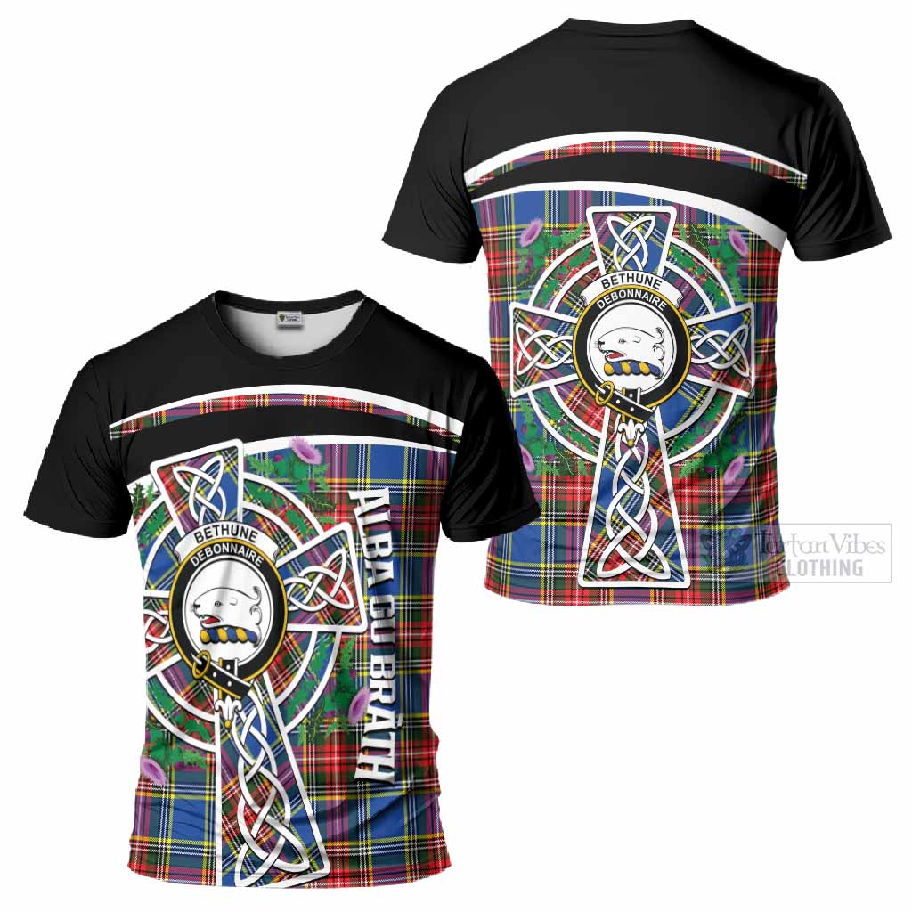 Bethune Tartan Crest T-Shirt Scottish Thistle Celtic Cross Alba Gu Brath