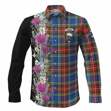 Bethune Tartan Crest Thistle Floral Long Sleeve Button Shirts Men's Shirt S - Tartan Vibes Clothing