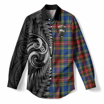 Bethune Tartan Crest Women Casual Shirt With New Zealand Silver Fern Maori Koru