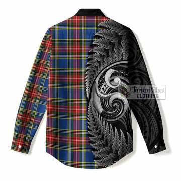 Bethune Tartan Crest Women Casual Shirt With New Zealand Silver Fern Maori Koru
