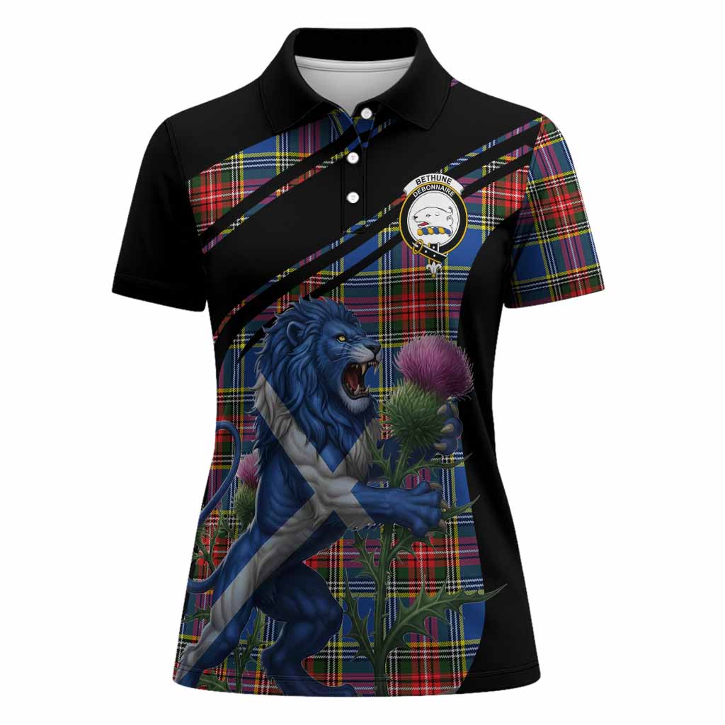 Bethune Tartan Crest Women Polo Shirt Scottish Lion Rampant Thistle