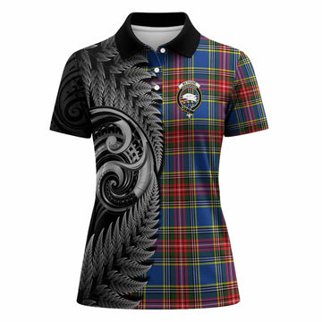 Bethune Tartan Crest Women Polo Shirt With New Zealand Silver Fern Maori Koru