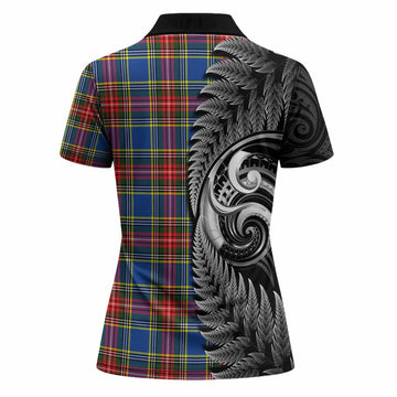 Bethune Tartan Crest Women Polo Shirt With New Zealand Silver Fern Maori Koru