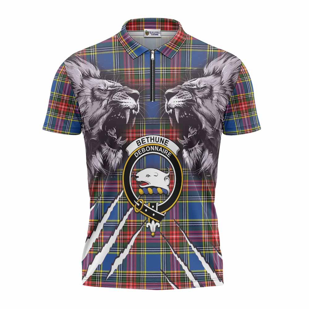 Bethune Tartan Crest Zipper Polo Shirt Ferocious Lion Style