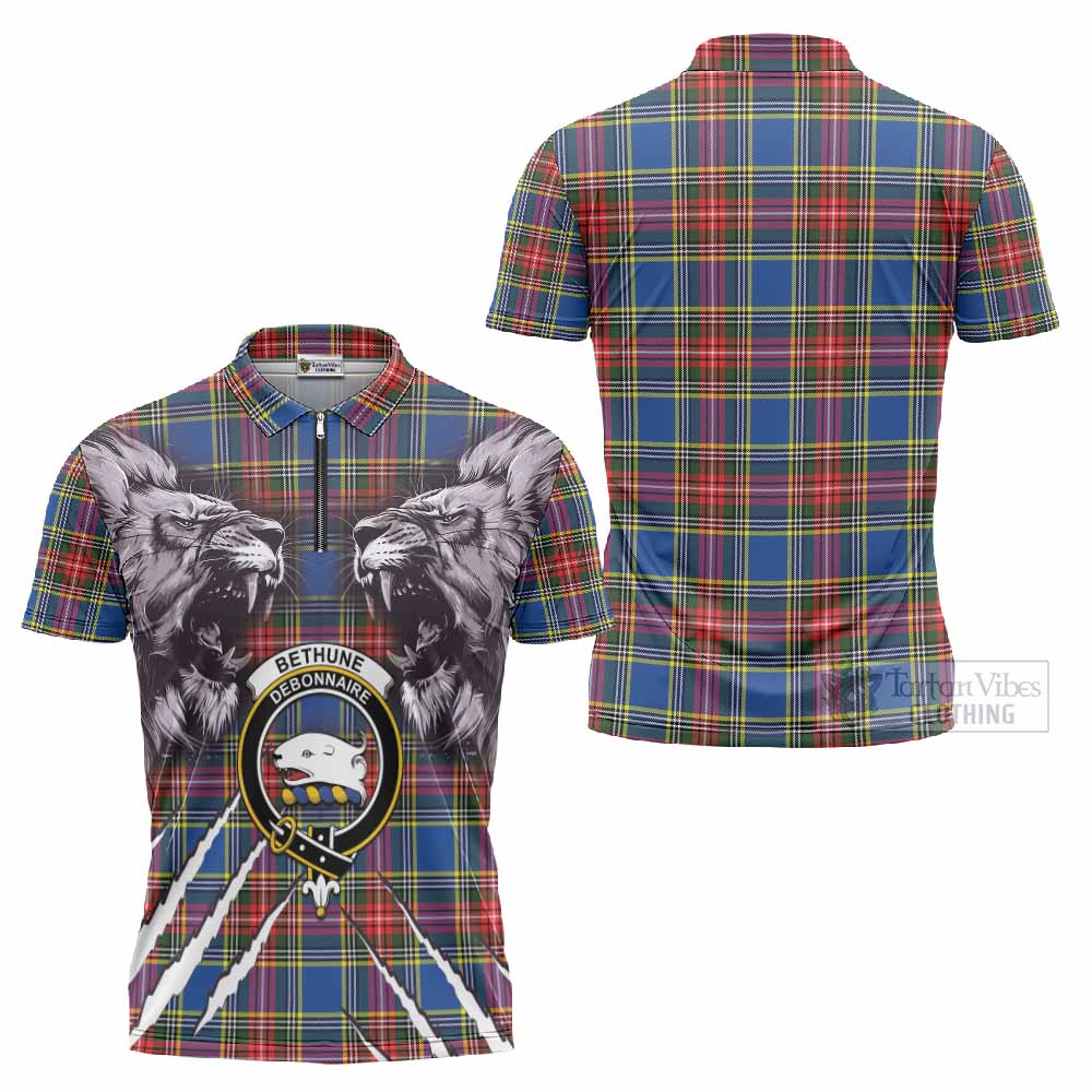 Bethune Tartan Crest Zipper Polo Shirt Ferocious Lion Style