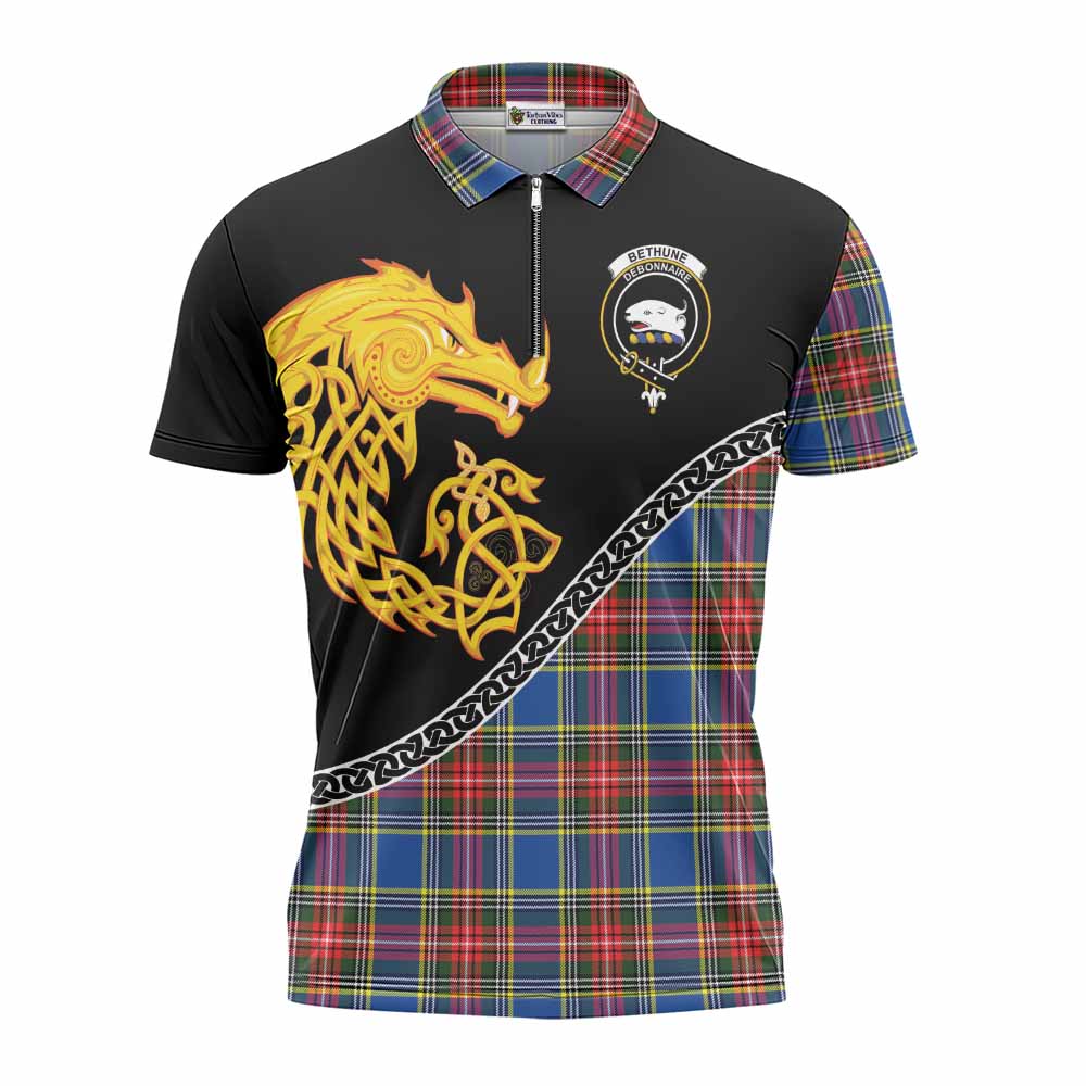Bethune Tartan Crest Zipper Polo Shirt Legendary Dragon Knot Half Style